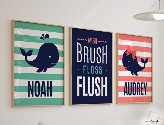 Whale bathroom decor, boys whale bathroom, girls whale bathroom, boy/girl bathroom, wash brush flush floss, whale bathroom wall art, whales