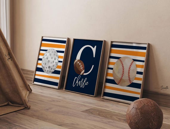Sports wall art navy blue and orange, retro sports decor gift, sports art, personalized name picture sports theme, little boy sports custom