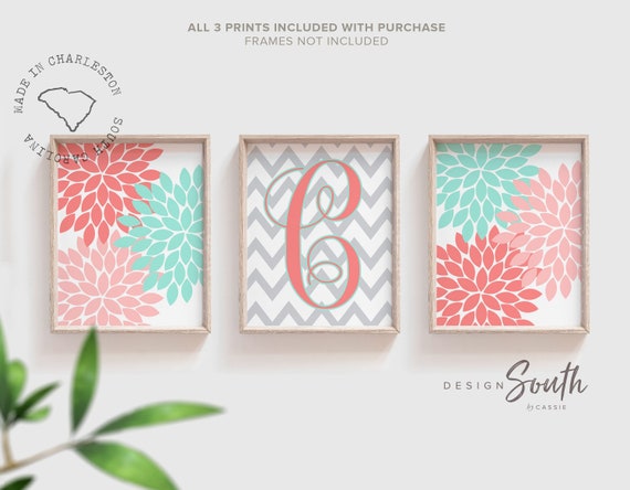 Coral teal nursery baby girl decor, wall art girls bedroom, coral pink teal flower burst, personalized gift for baby girl, initial monogram