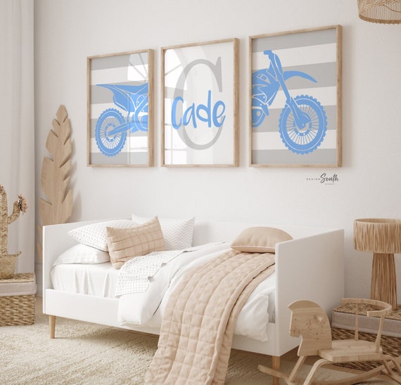 Baby blue and gray boys dirt bike decor, baby blue and gray bike nursery for boys, gray dirt bike art, gray dirt bike decor boy nursery gift