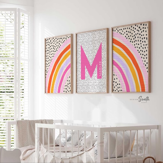 Pink and orange girl nursery, pink orange girl bedroom, girl's room ideas, hot pink toddler room, wall art for girls hot pink rainbow decor