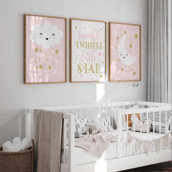 Baby girl nursery pink & gold, wall prints, baby shower gift for baby girl, pink gold decor, moon stars, baby girl wall art, gold sparkles