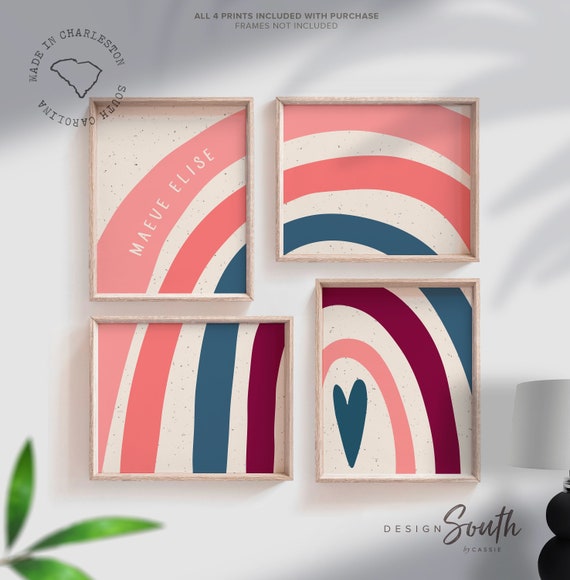 Boho coral pink navy blue nursery, you are so loved, nursery wall art rainbow, deep red maroon burgundy nursery, boho kid room art print set
