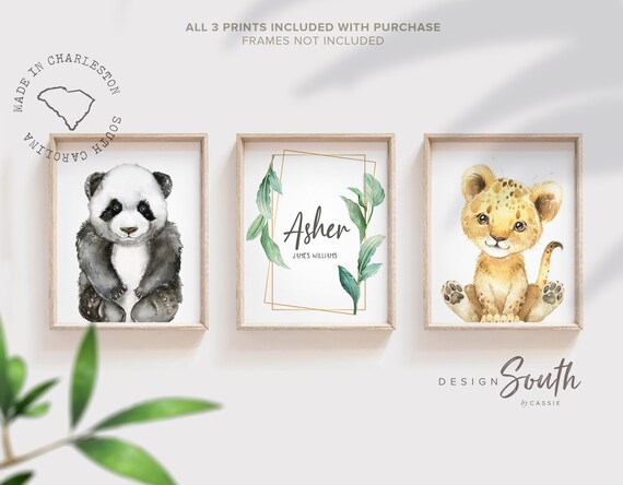 Animal wall art for baby boy, lion cub baby panda modern nursery, personalized name watercolor animal art prints, cute animals zoo nursery