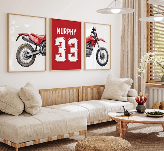 Red Dirt Bike Watercolor Art Prints, Personalized Name Number, Motocross Nursery Decor