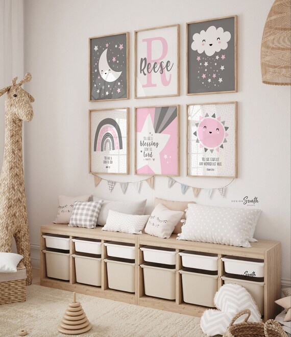 Girls religious nursery, pink gray nursery christian, moon and stars bible verse nursery, scriptures girl room wall decor, Psalm scriptures