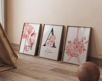 Pink Paris Nursery Prints – Eiffel Tower, Floral, Monogram Wall Art