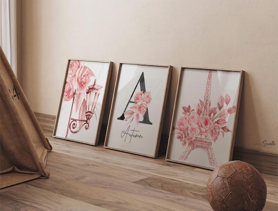 Pink Paris Nursery Prints – Eiffel Tower, Floral, Monogram Wall Art