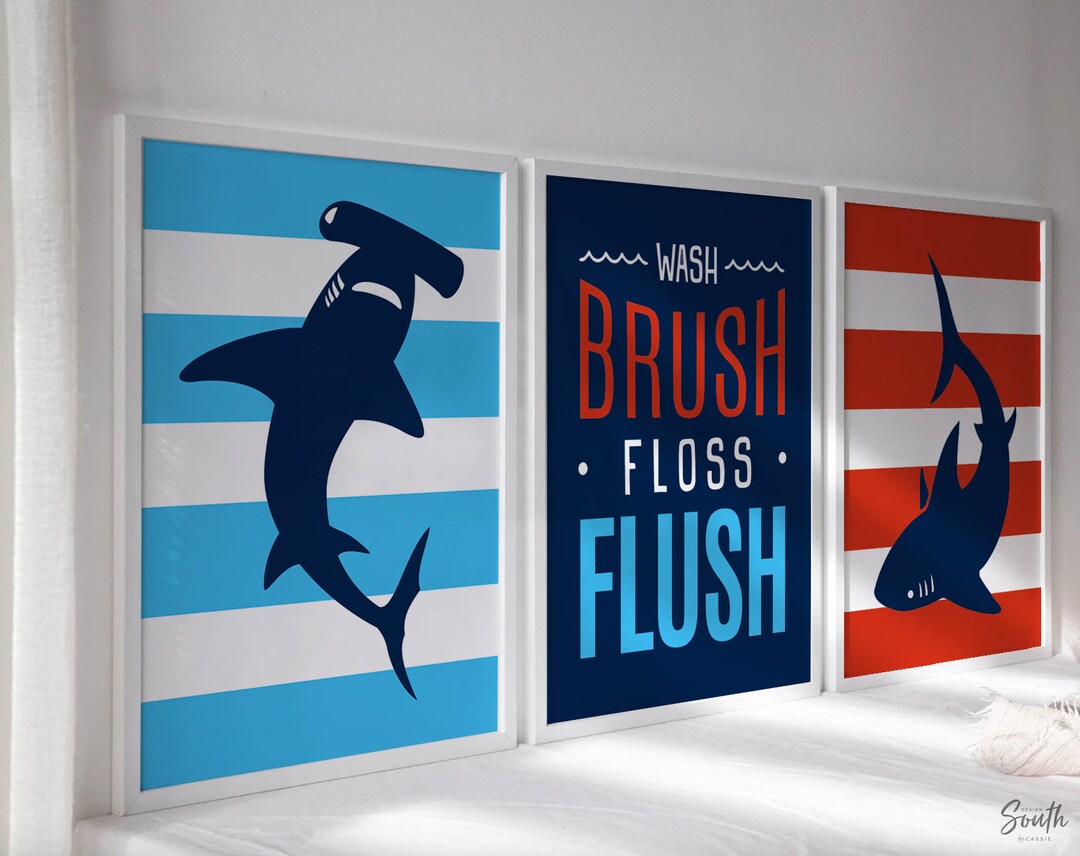 Little Boy Bathroom Decor, Red and Blue Sharks, Wash Brush Floss Flush