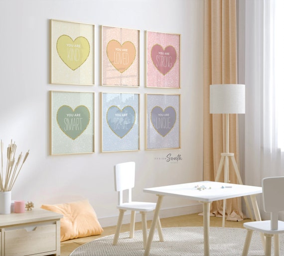 Pastel rainbow heart theme girl, hearts gold sparkles pastel colors inspirational art, little girl room heart theme, pastel affirmation art