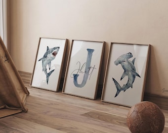 Navy Shark Wall Art Set of 3, Personalized Boy Name Prints, Great White and Hammerhead Nursery Decor, Ocean Bedroom Art