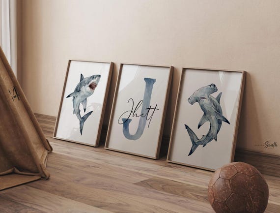 Navy Shark Wall Art Set of 3, Personalized Boy Name Prints, Great White and Hammerhead Nursery Decor, Ocean Bedroom Art