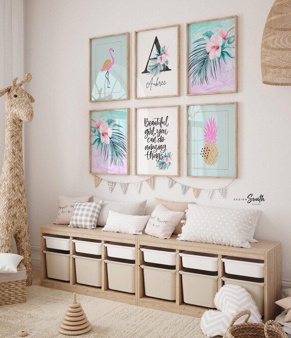 Teal pink and gold nursery, teal gold pink girl's room wall art, little girl tropical decor, beautiful girl you can do amazing things quote