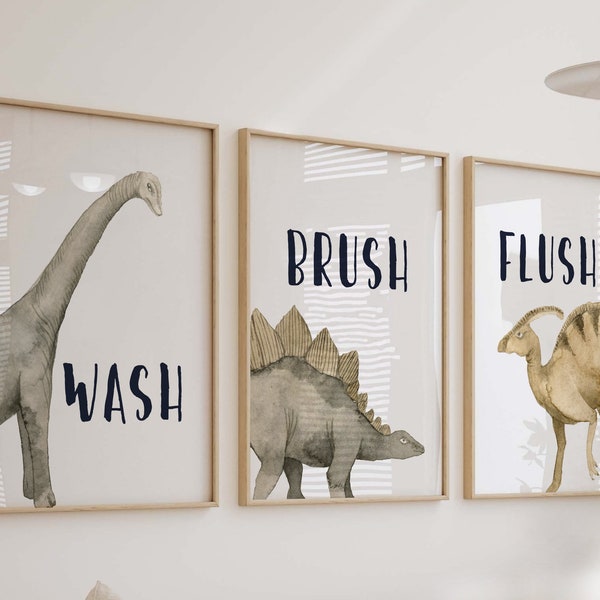 Enfants neutre gris bronzage salle de bain dinosaure sur le thème, salle de bain pour enfants dinosaure, brosse de lavage, impressions de salle de bain pour garçons, décor de salle de bain dinosaure pour garçons