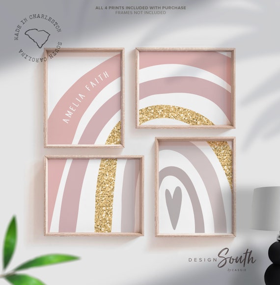 Baby girl pink gold, nursery wall art pink gold sparkles, rainbow baby room pink gold, gift for girl pink gold, glitter sparkles pink gold