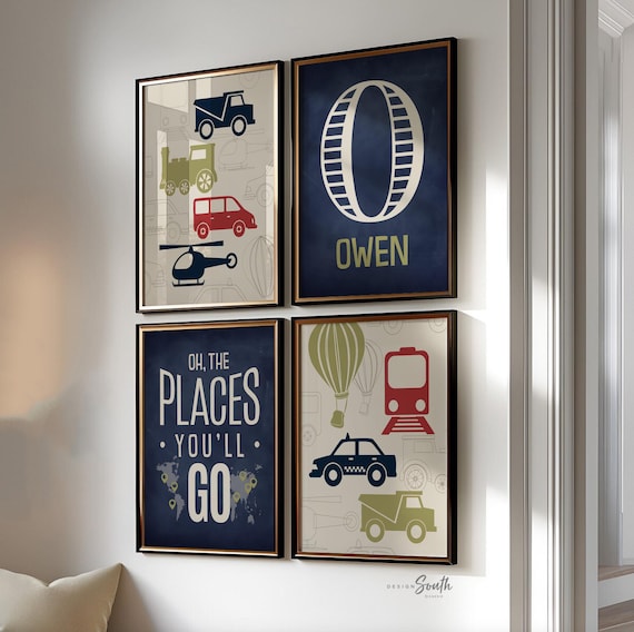 Transportation nursery decor, blue, red, green, oh the places you'll go, personalized print, name, transportation prints, helicopter, train