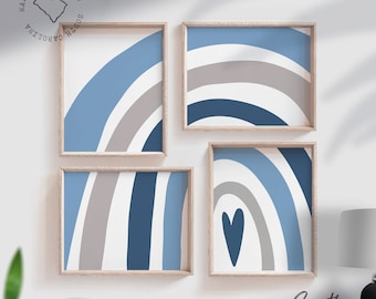 Estampas de arco-íris em azul e cinza: decoração neutra para quarto de bebê