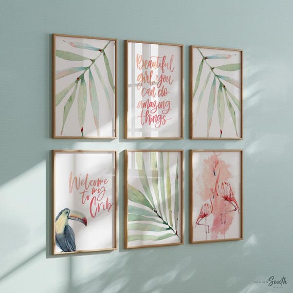 Tropical Nursery Art Prints: Flamingo, Toucan, Palm Leaf Set