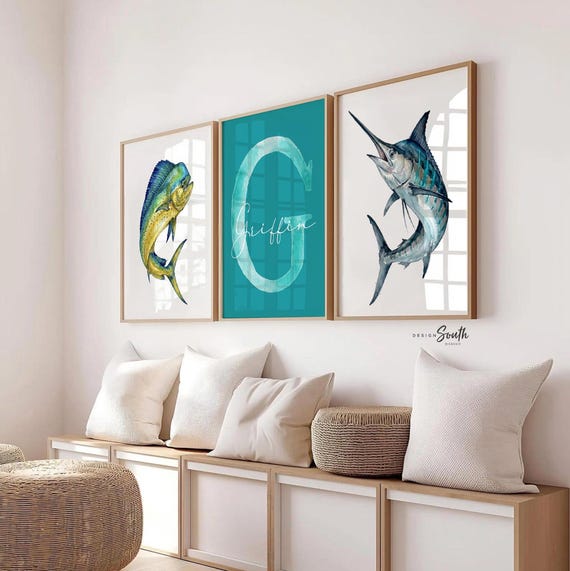 Personalized Marlin & Mahi Mahi Wall Art Set, Teal Blue Fish Prints