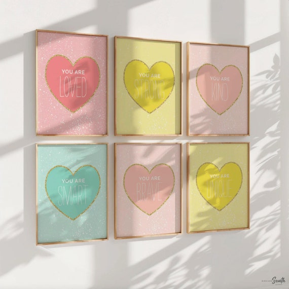 Pastel and gold girls room art, pastel hearts, wall art prints for girl, pink and gold hearts soft pastel pink posters, pink yellow and aqua