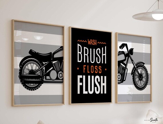 Motorcycle Bathroom Art Prints: Orange, Gray, & Black Decor