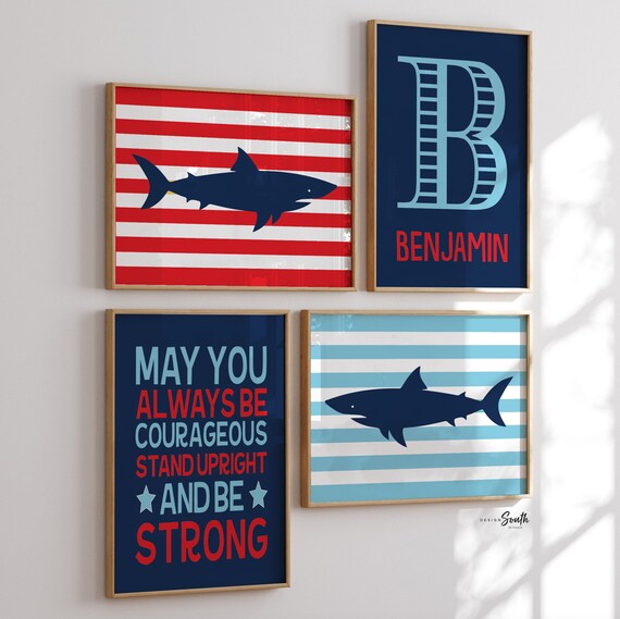 Boys nursery decor, shark nursery decor, blue and red, personalized art, shark nursery theme, shark theme, navy blue and red, boys wall art