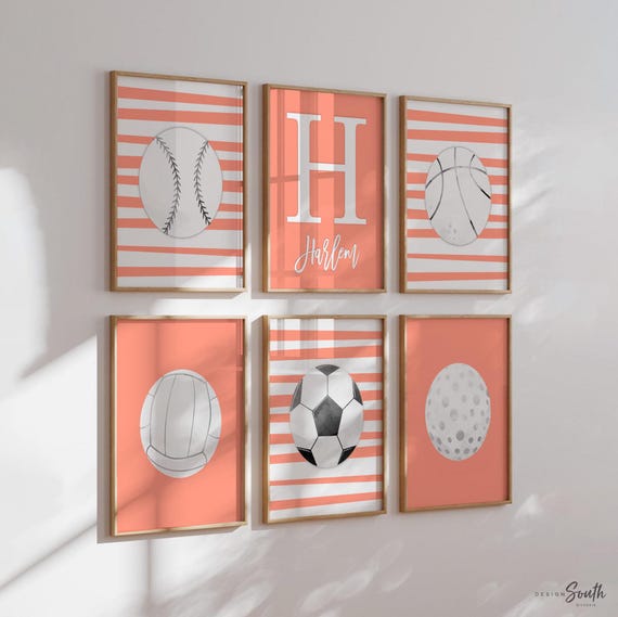Girls sports wall art, volleyball basketball softball golf soccer prints, coral pink gray nursery decor, personalized name set of 6