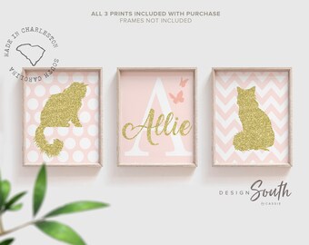Pink and Gold Kitty Cat Nursery Art Prints: Girls Room Decor