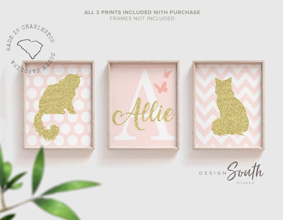 Kitty cat girls art, baby shower pink kitties, pink and gold nursery art kittens, kitty cat art, kitten decor, cat girl wall art for room