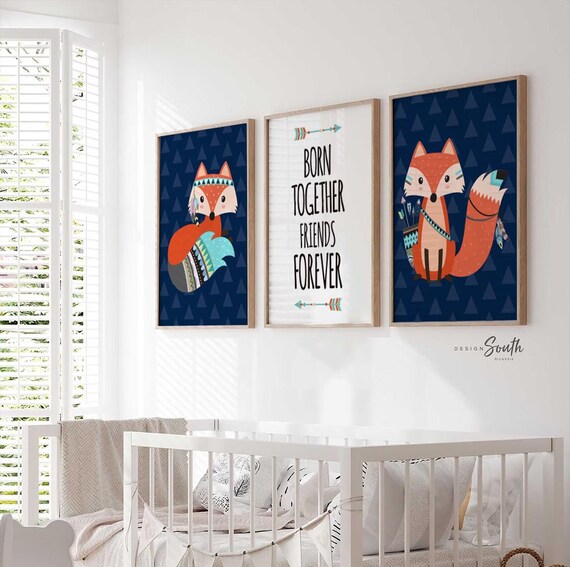 Woodland art for twins, quote for twins art print, navy aqua animal wall art for twins, born together friends forever, tribal animal gift