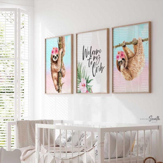 Pink Ombre Sloth Nursery Wall Art Set of 3, Welcome to My Crib Tropical Hibiscus Prints, Baby Girl Bedroom Decor Gift