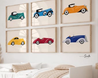 Gravuras de arte de berçário com carros retrô: decoração vintage para quarto de meninos, conjunto de 6