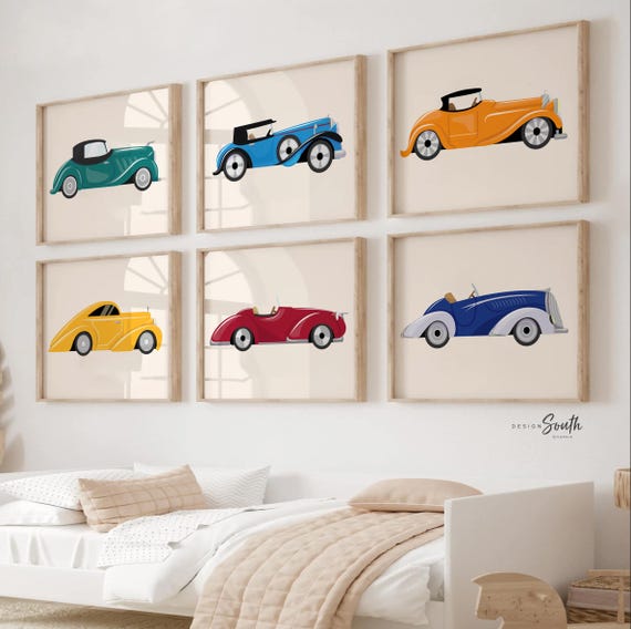 Retro car nursery art prints, vintage car wall decor for boys, set of 6 colorful prints, baby boy room, toddler bedroom, playroom decor cars