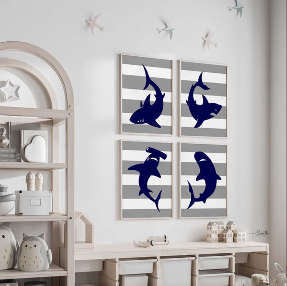 Shark playroom art, boys shark bedroom decor, toddler shark room, kids shark decor, childrens shark art, shark kids bedroom theme navy blue
