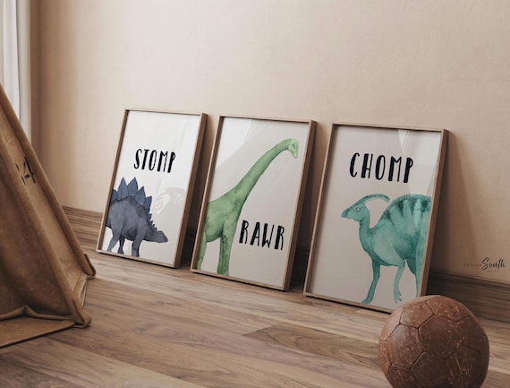 Watercolor dinosaur wall art set of 3, navy green teal prints with brachiosaurus stegosaurus parasaurolophus, stomp roar chomp decor