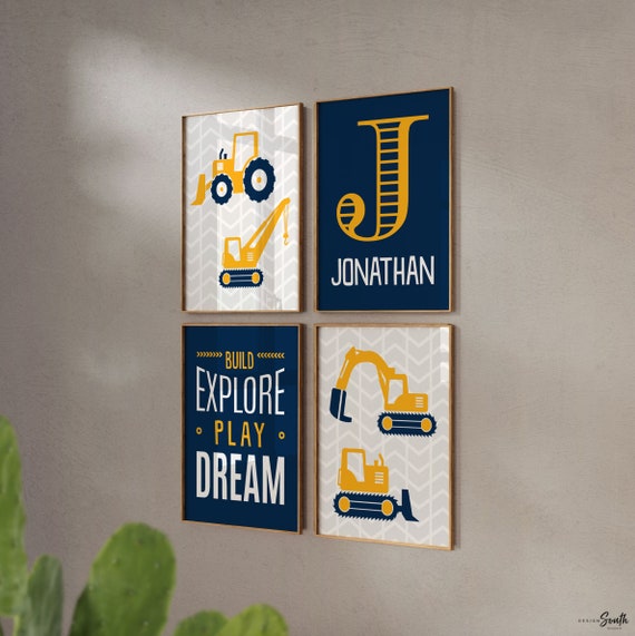 Build explore play dream, big boy bedroom construction, digger prints, digger wall art, boys construction theme bedroom, boys bedroom decor