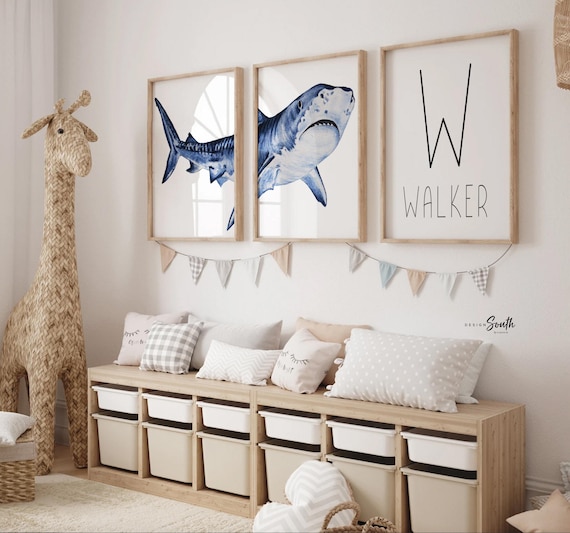 Personalized shark nursery gift, shark toddler boy bedroom theme, art prints shark with boys name, baby boy shark nursery wall, shark gift
