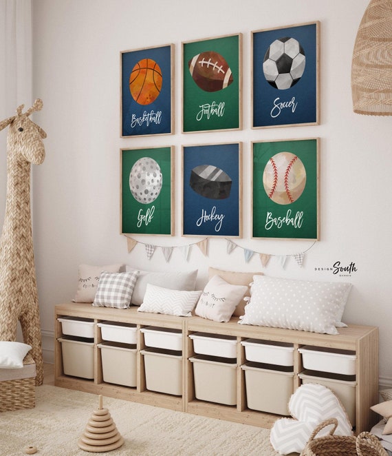 Sports wall art decor for boy's nursery bedroom playroom, sports posters art prints home decor walls, sports themed big boy room wall ideas