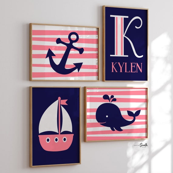 Coral nautical nursery decor, girls coral and navy nursery, girls nautical bedroom art, nautical nursery art, baby girl nautical nursery art