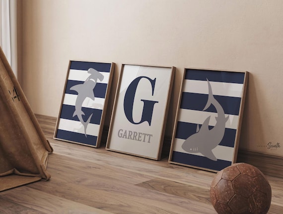 Boys navy blue and gray shark room decor, boys wall art, big boy bedroom, boys shark bedroom, boy monogram shark nursery, shark decor kids