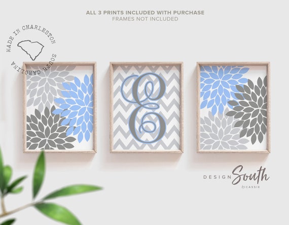 Girl's bedroom wall art periwinkle, floral monogram initial wall decor, gray and periwinkle girls room, personalized girl playroom art ideas