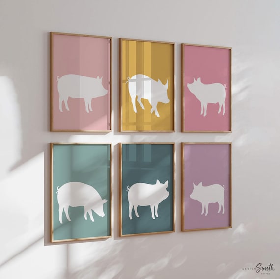 Pig Nursery Art Set of 6, Pastel Piglet Prints for Girls Bedroom or Playroom, Pig Themed Wall Decor, Pig Lover Gift