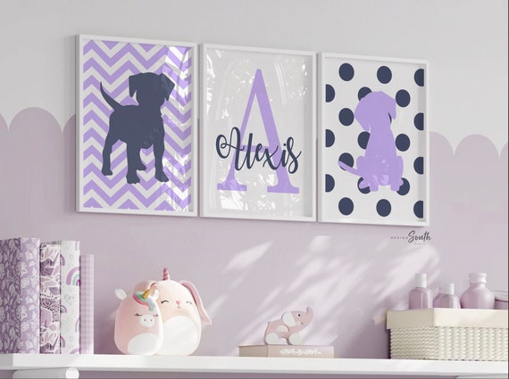 Purple and navy little girl's room, personalized girl's name initial, puppy theme wall art, puppy gift, girls name wall decor bright colors