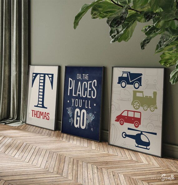 Transportation theme for boys nursery or bedroom, personalized name print for boys, oh the places you'll go, blue, red and green print, art