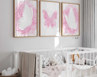 Pink Watercolor Butterfly Wall Art Prints - Set of 3