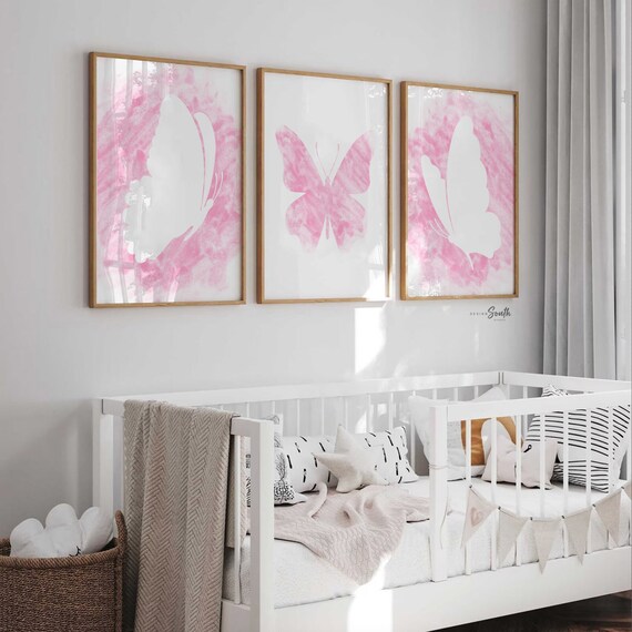 Pink Watercolor Butterfly Wall Art Prints - Set of 3