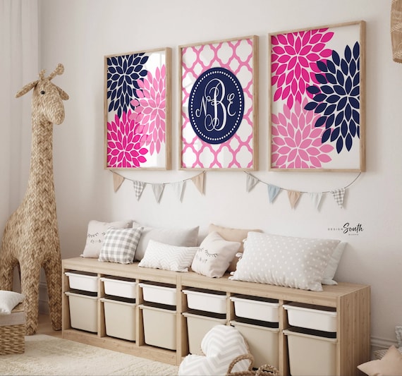Flower monogram wall decor, girls nursery decor, girls bedroom prints, girls playroom decor, hot pink and navy blue, nursery decor, wall art