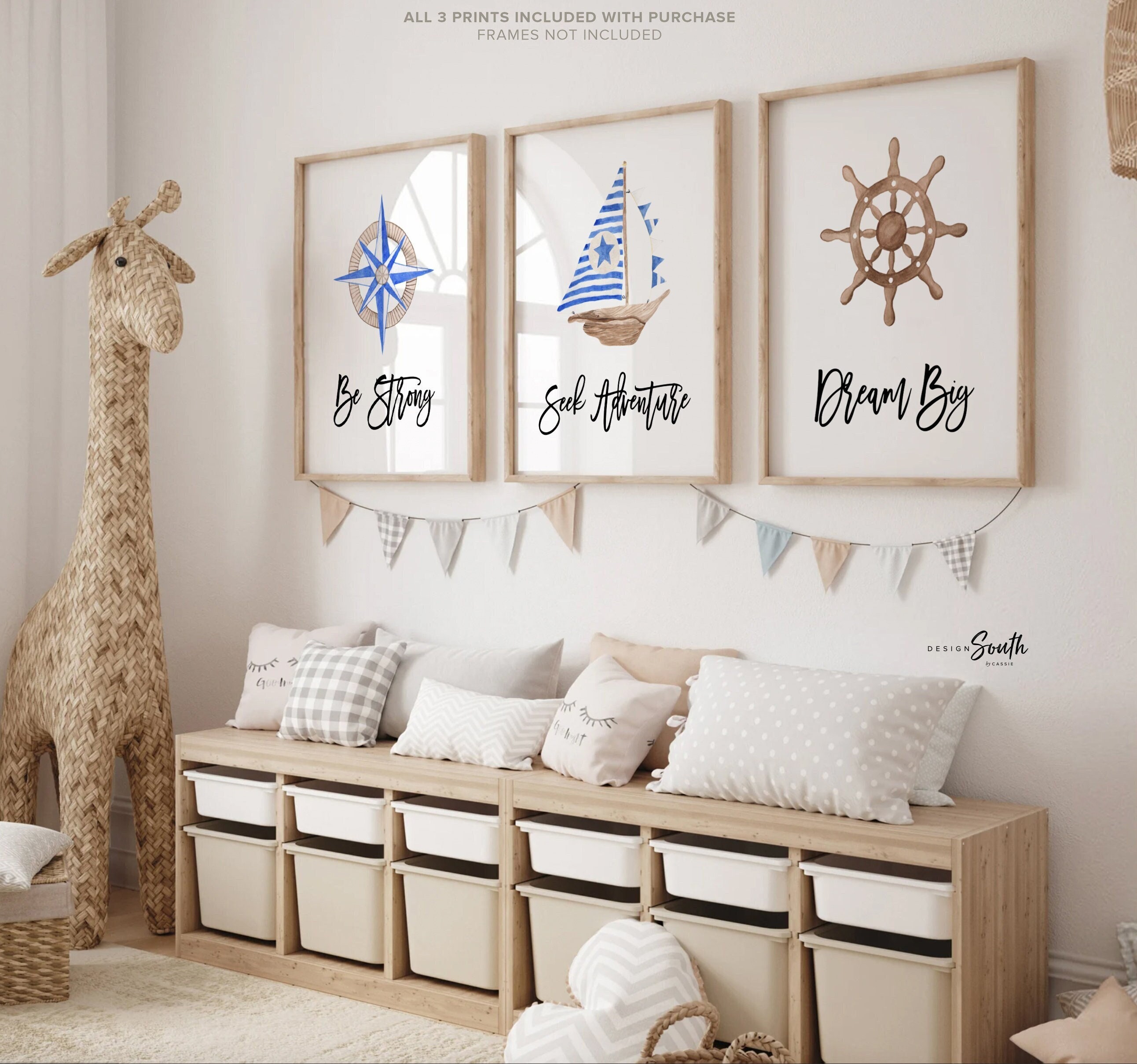 Baby Nautical Nursery Decor, Baby Nautical Gift, Blue Boy Nautical Room  Decor, Compass Sailboat Wooden Ship Wheel Baby Room Art, Sailing Art 