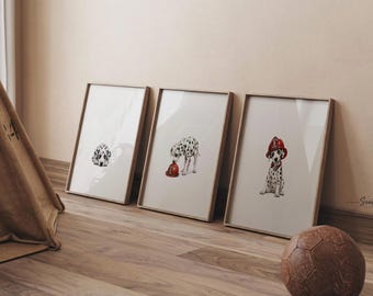 Dalmatian Firefighter Nursery Wall Art, Puppy Prints Red Fire Chief Hat, Fire Truck Fire Dept Theme, Personalized Name Baby Room Decor Gift