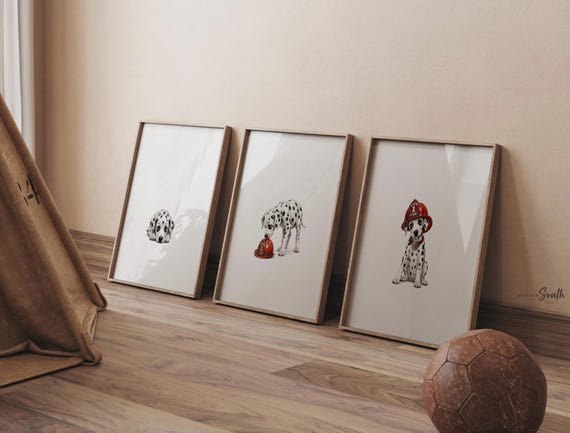 Dalmatian Firefighter Nursery Wall Art, Puppy Prints Red Fire Chief Hat, Fire Truck Fire Dept Theme, Personalized Name Baby Room Decor Gift